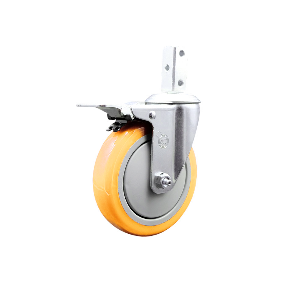 Swivel Square Stem Caster w/5” x 1.25” Yellow Polyurethane Wheel – 7/8” x 2” Square Stem with (3) 17/64” Diameter Mounting Holes & Total Lock Brakes – 350 lbs. Capacity/Caster – Service Caster Brand — photo 1