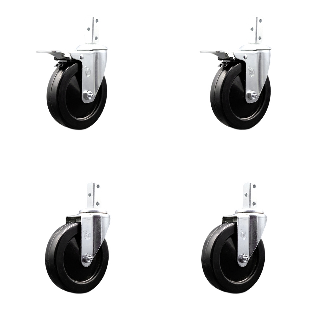 Swivel Square Stem Caster Set 4 w/5” x 1.25” Black Soft Rubber Wheel-3/4” x 2” Square Stem with (3) 17/64” Diameter Mounting Holes-Includes 2 Total Lck Brakes-1100lbs. Cpty/Caster-Service Caster Brand — photo 1