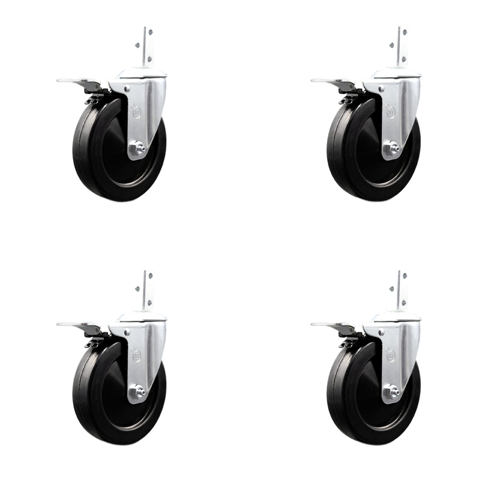 Swivel Square Stem Caster Set 4 w/5” x 1.25” Black Soft Rubber Wheel-3/4” x 2” Square Stem with (3) 17/64” Diameter Mounting Holes-Includes 4 Total Lck Brakes-1100lbs. Cpty/Caster-Service Caster Brand — photo 1