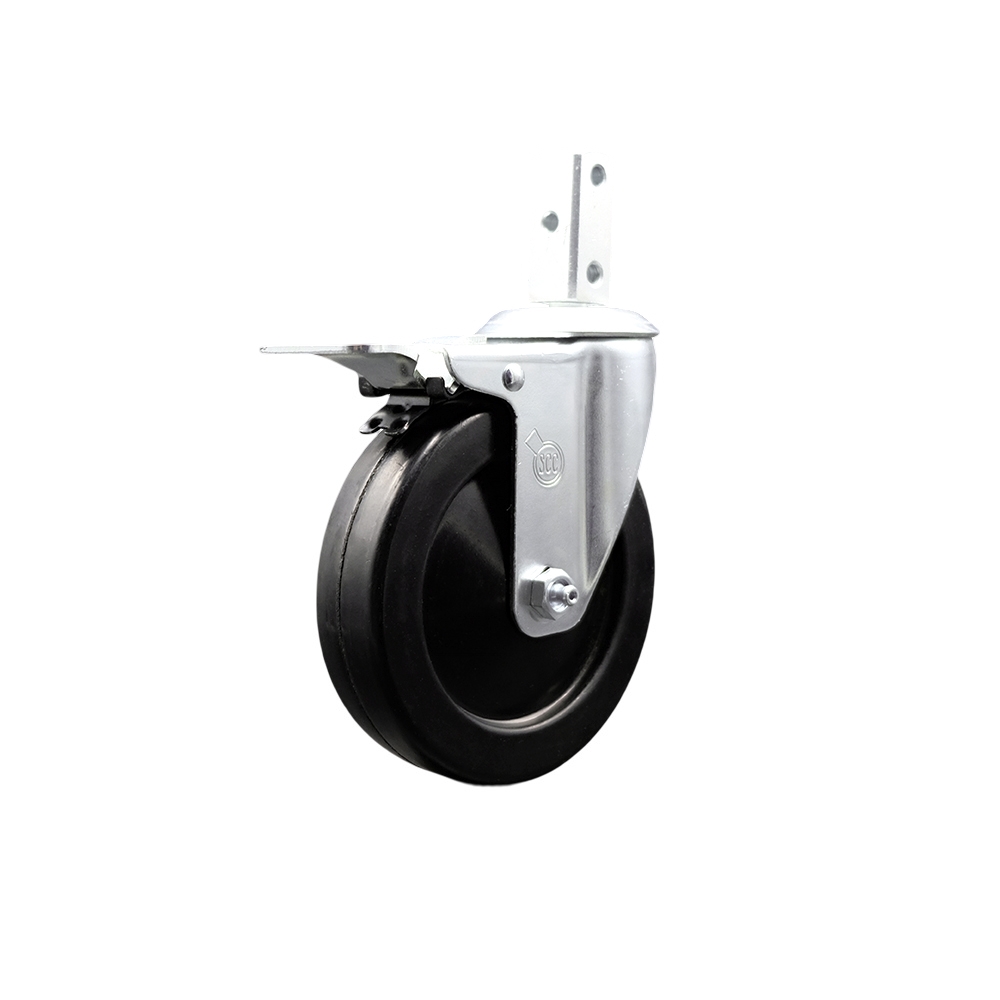 Swivel Square Stem Caster w/5” x 1.25” Black Soft Rubber Wheel – 3/4” x 2” Square Stem with (3) 17/64” Diameter Mounting Holes & Total Lock Brakes – 275 lbs. Capacity/Caster – Service Caster Brand — photo 1