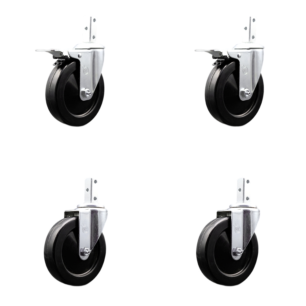 Swivel Square Stem Caster Set 4 w/5” x 1.25” Black Soft Rubber Wheel-7/8” x 2” Square Stem with (3) 17/64” Diameter Mounting Holes-Includes 2 Total Lck Brakes-1100lbs. Cpty/Caster-Service Caster Brand — photo 1