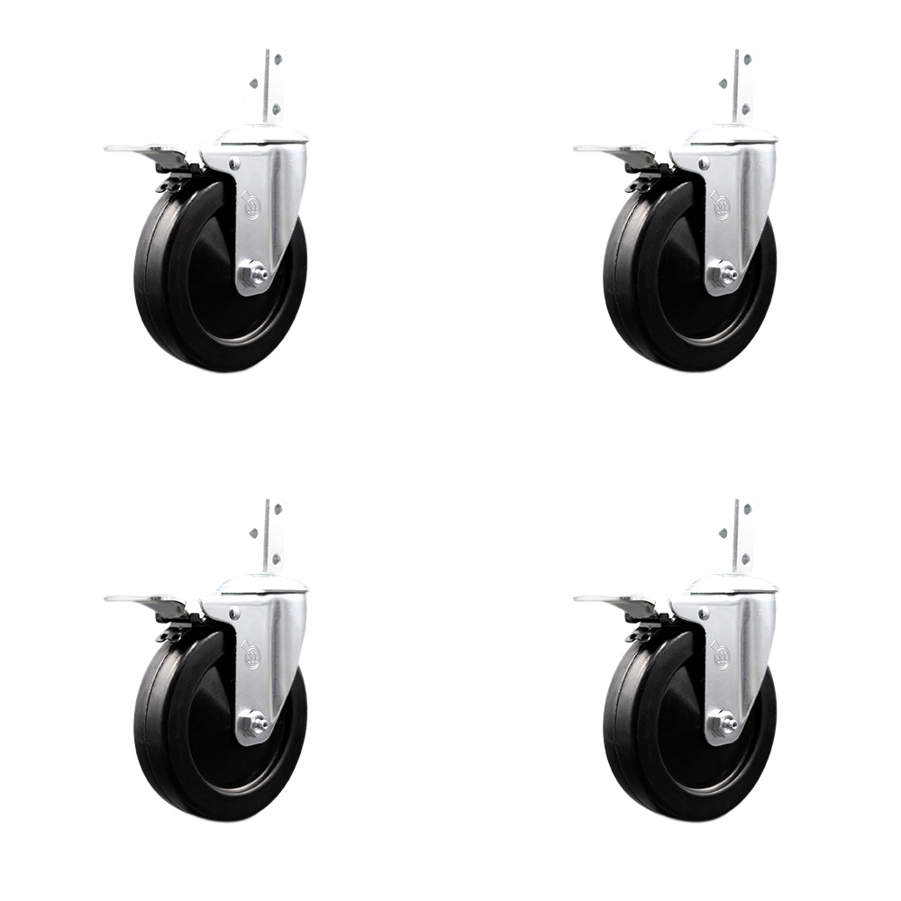 Swivel Square Stem Caster Set 4 w/5” x 1.25” Black Soft Rubber Wheel-7/8” x 2” Square Stem with (3) 17/64” Diameter Mounting Holes-Includes 4 Total Lck Brakes-1100lbs. Cpty/Caster-Service Caster Brand — photo 1