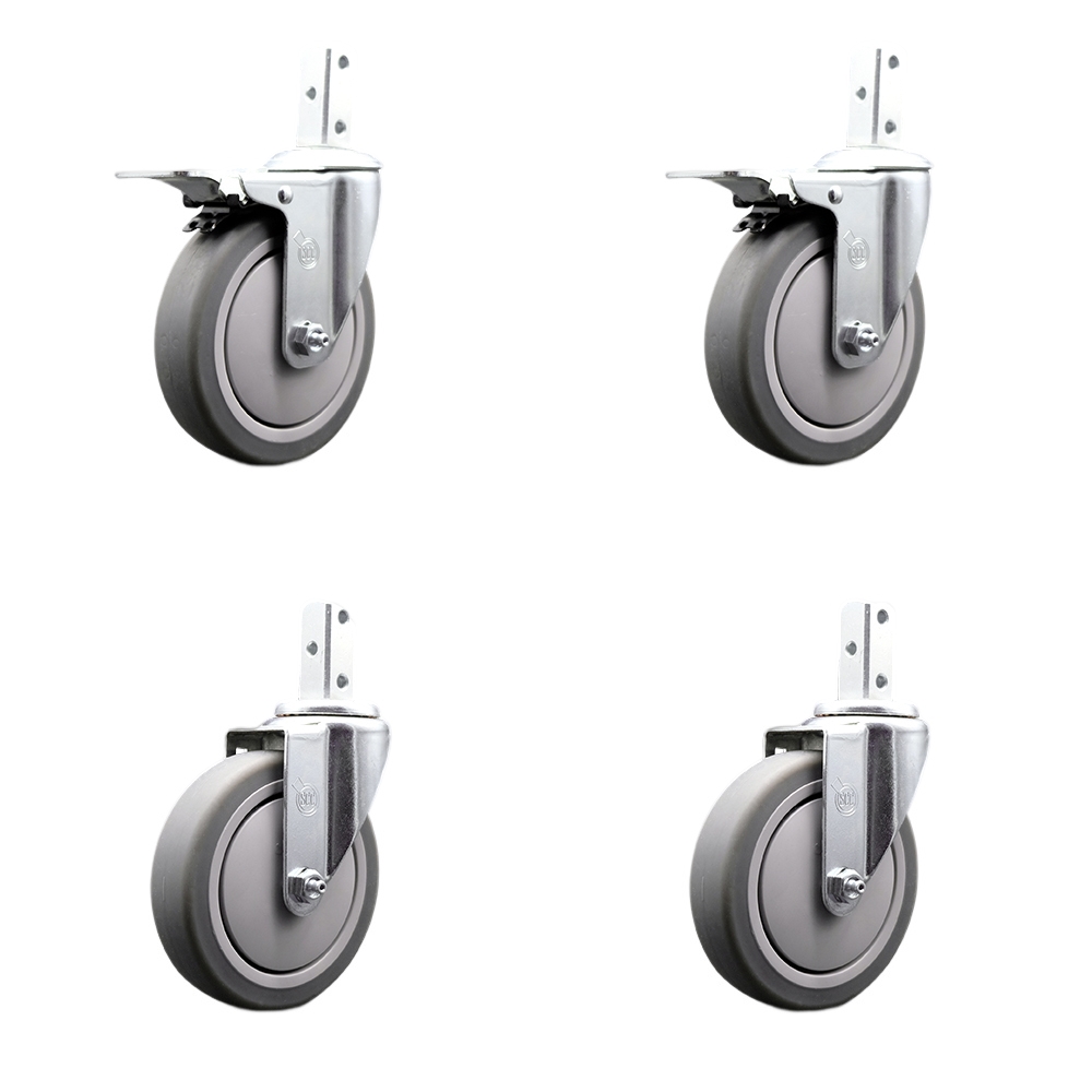 Swivel Square Stem Caster Set 4 w/5” x 1.25” Gray Thermoplastic Rubber Wheel - 3/4” x 2” Square Stem with (3) 17/64” Diameter Mounting Holes - Includes 2 Total Lock Brakes - Service Caster Brand — photo 1