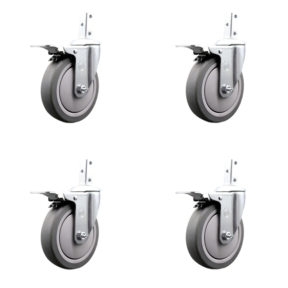 Swivel Square Stem Caster Set 4 w/5” x 1.25” Gray Thermoplastic Rubber Wheel - 7/8” x 2” Square Stem with (3) 17/64” Diameter Mounting Holes - Includes 4 Total Lock Brakes - Service Caster Brand — photo 1