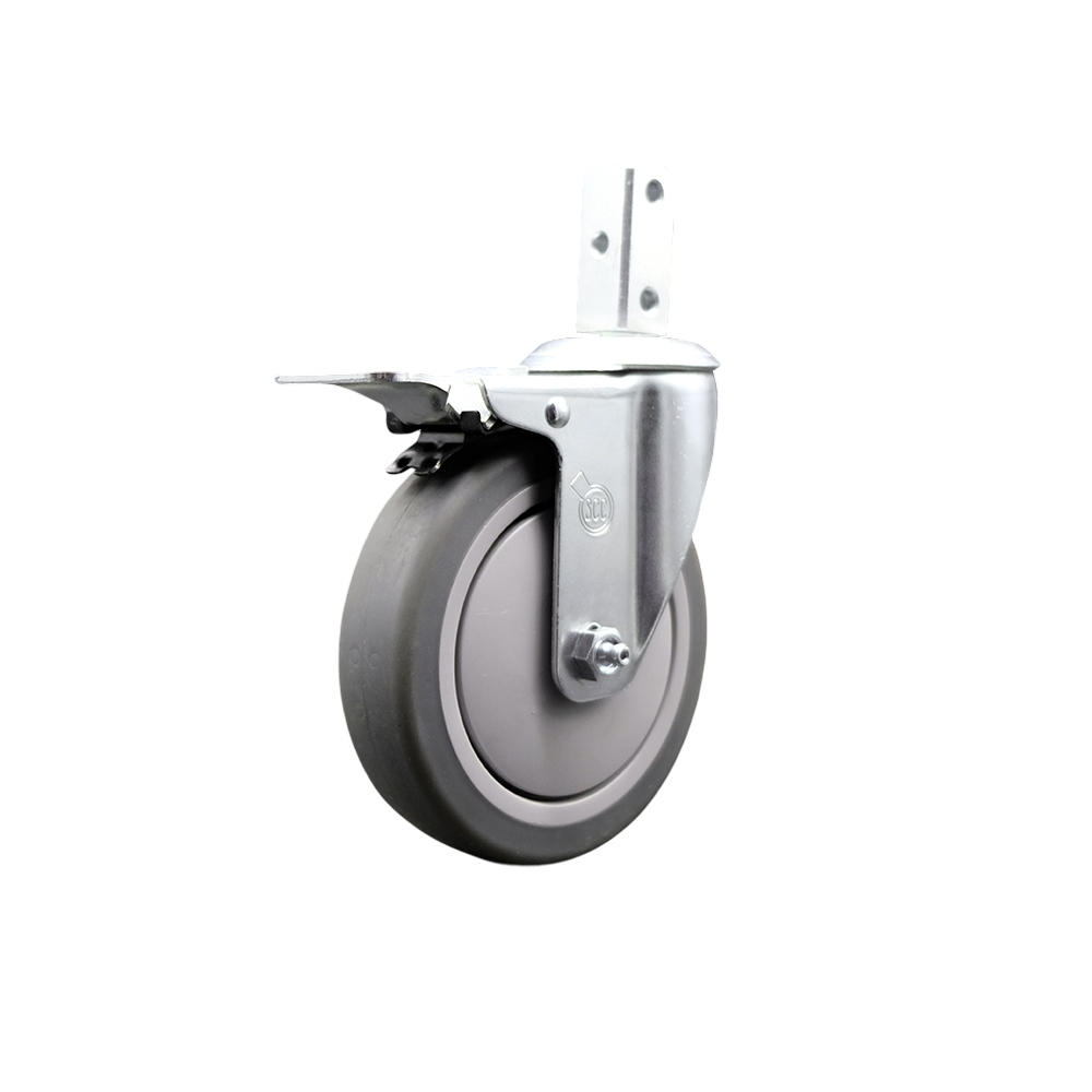 Swivel Square Stem Caster w/5” x 1.25” Gray Thermoplastic Rubber Wheel – 7/8” x 2” Square Stem with (3) 17/64” Diameter Mounting Holes&Total Lock Brakes–300 lbs. Capacity/Caster – Service Caster Brand — photo 1