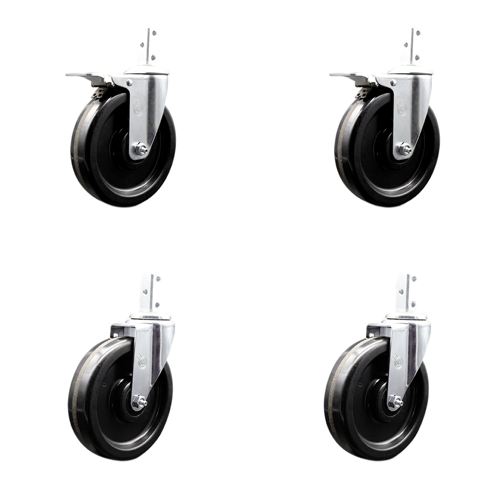 Swivel Square Stem Caster Set 4 w/6” x 1.5” Black Phenolic Wheel-3/4” x 2” Square Stem with (3) 17/64” Diameter Mounting Holes-Includes 2 Total Lck Brakes-1200lbs. Cpty/Caster-Service Caster Brand — photo 1
