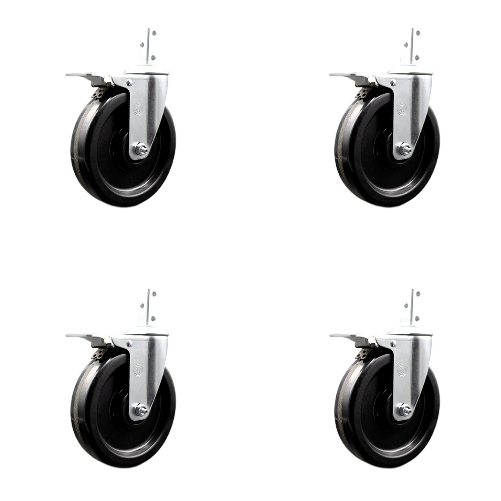 Swivel Square Stem Caster Set 4 w/6” x 1.5” Black Phenolic Wheel-3/4” x 2” Square Stem with (3) 17/64” Diameter Mounting Holes-Includes 4 Total Lck Brakes-1200lbs. Cpty/Caster-Service Caster Brand — photo 1