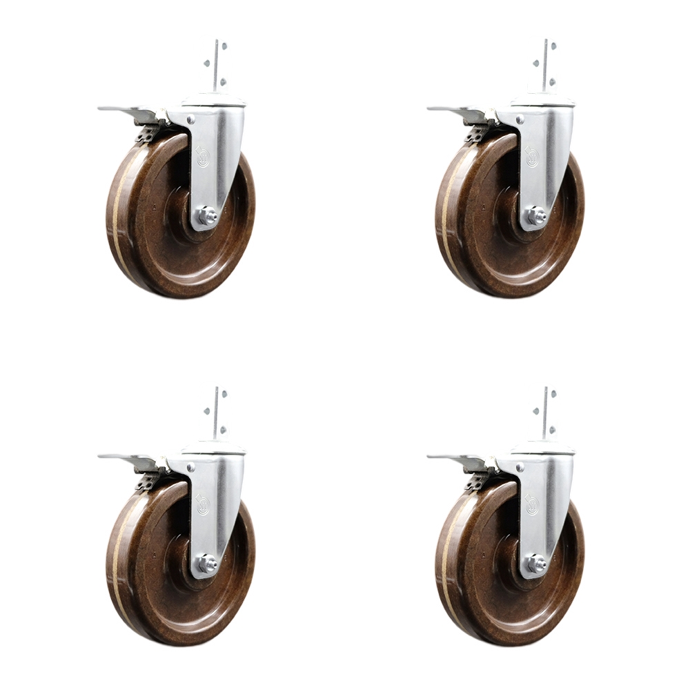 Swivel Square Stem Caster Set 4 w/6” x 1.5” Brown High Temp Phenolic Wheel-3/4” x 2” Square Stem with (3) 17/64” Diameter Mounting Holes-Includes 4 Total Lck Brakes - Service Caster Brand — photo 1