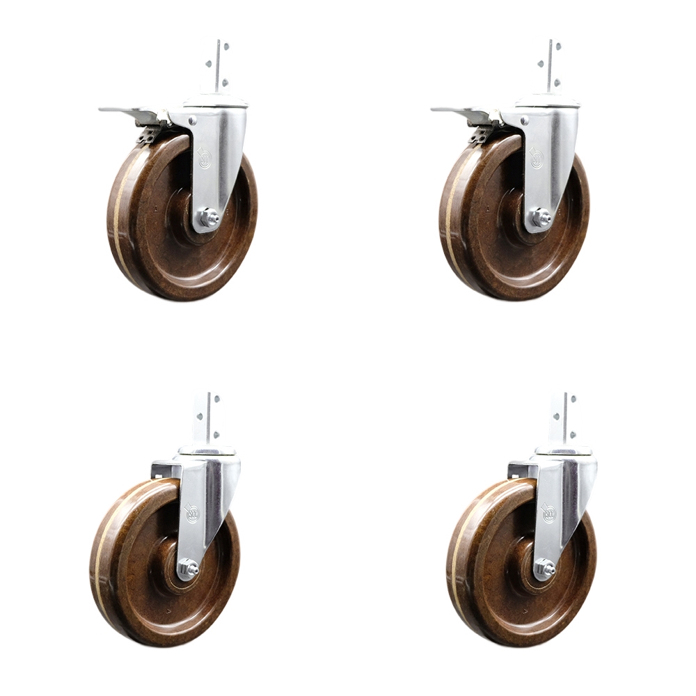 Swivel Square Stem Caster Set 4 w/6” x 1.5” Brown High Temp Phenolic Wheel-7/8” x 2” Square Stem with (3) 17/64” Diameter Mounting Holes - Includes 2 Total Lck Brakes - Service Caster Brand — photo 1