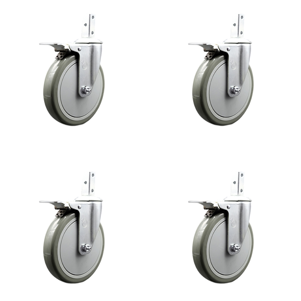 Swivel Square Stem Caster Set 4 w/6” x 1.25” Gray Polyurethane Wheel-3/4” x 2” Square Stem with (3) 17/64” Diameter Mounting Holes-Includes 4 Total Lck Brakes-1400lbs. Cpty/Caster-Service Caster Brand — photo 1