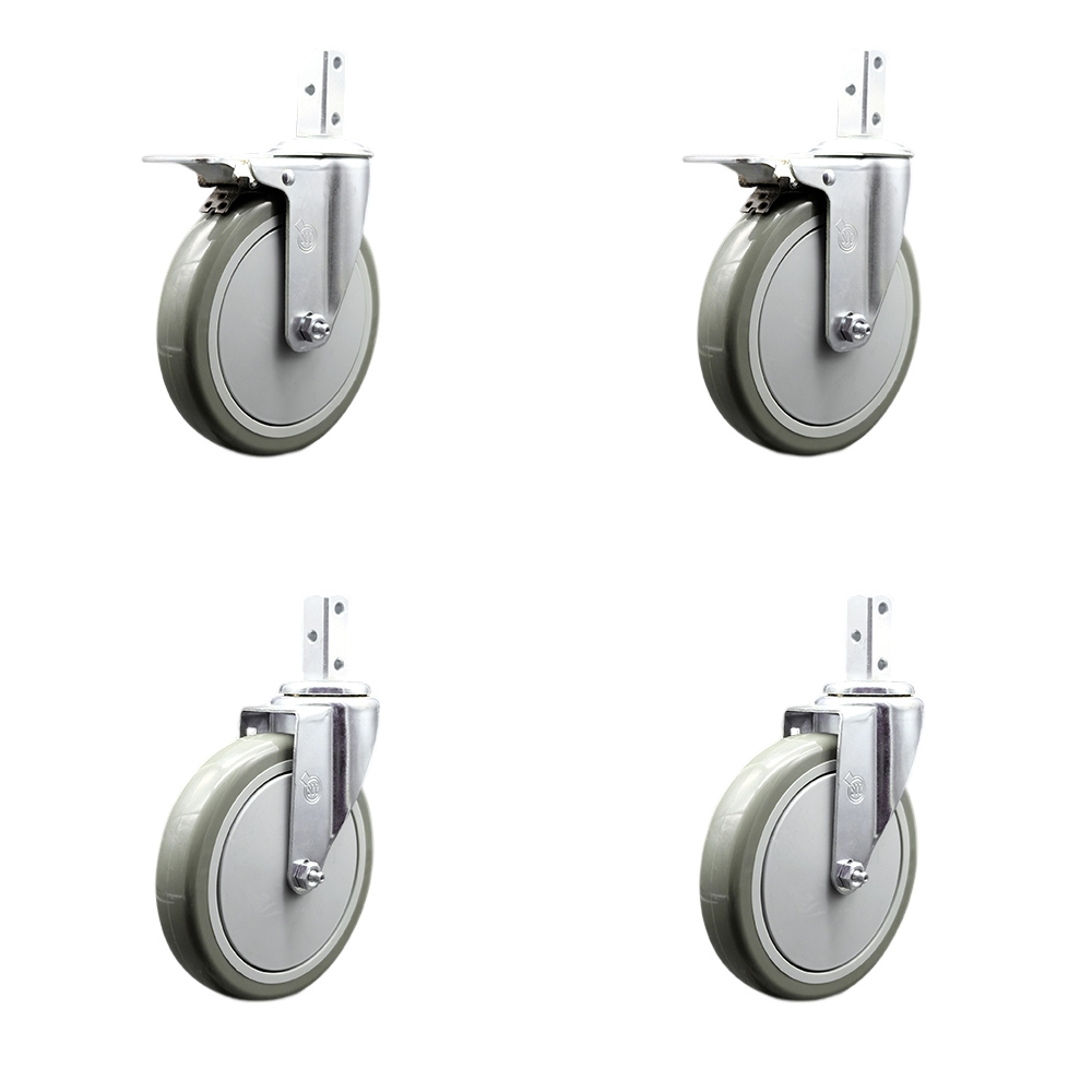 Swivel Square Stem Caster Set 4 w/6” x 1.25” Gray Polyurethane Wheel-7/8” x 2” Square Stem with (3) 17/64” Diameter Mounting Holes-Includes 2 Total Lck Brakes-1400lbs. Cpty/Caster-Service Caster Brand — photo 1