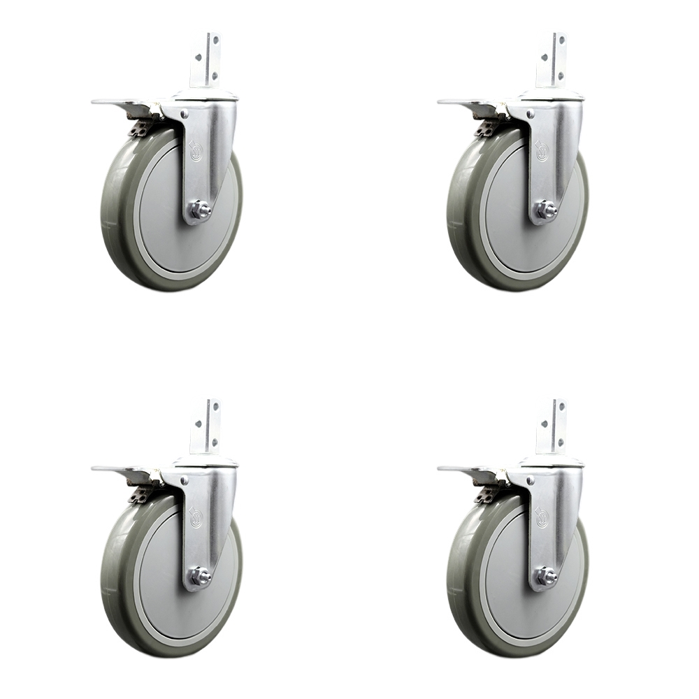 Swivel Square Stem Caster Set 4 w/6” x 1.25” Gray Polyurethane Wheel-7/8” x 2” Square Stem with (3) 17/64” Diameter Mounting Holes-Includes 4 Total Lck Brakes-1400lbs. Cpty/Caster-Service Caster Brand — photo 1