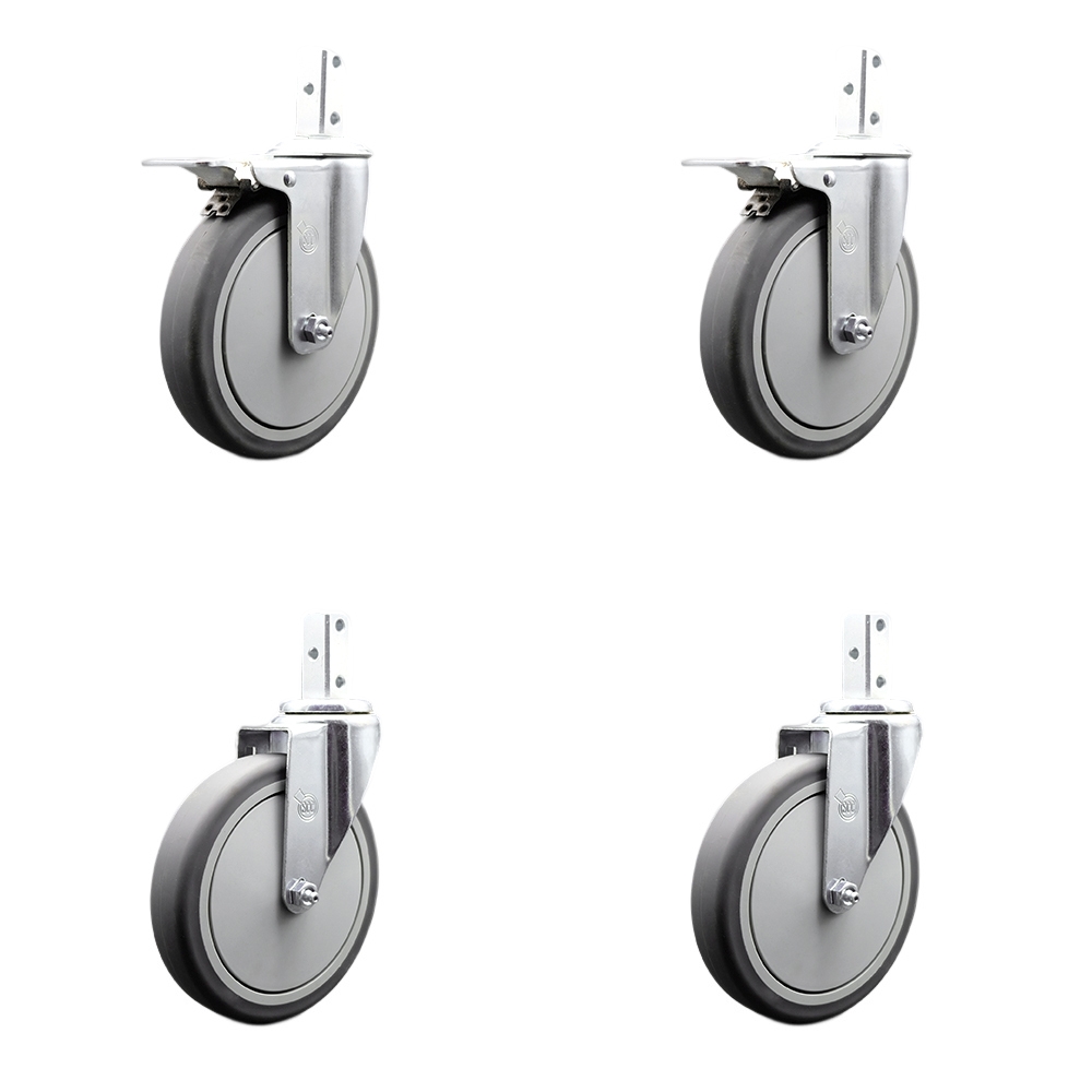 Swivel Square Stem Caster Set 4 w/6” x 1.25” Gray Thermoplastic Rubber Wheel - 3/4” x 2” Square Stem with (3) 17/64” Diameter Mounting Holes - Includes 2 Total Lock Brakes - Service Caster Brand — photo 1