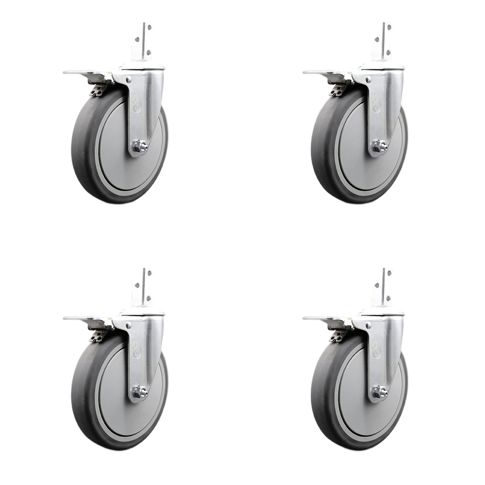 Swivel Square Stem Caster Set 4 w/6” x 1.25” Gray Thermoplastic Rubber Wheel - 3/4” x 2” Square Stem with (3) 17/64” Diameter Mounting Holes - Includes 4 Total Lock Brakes - Service Caster Brand — photo 1