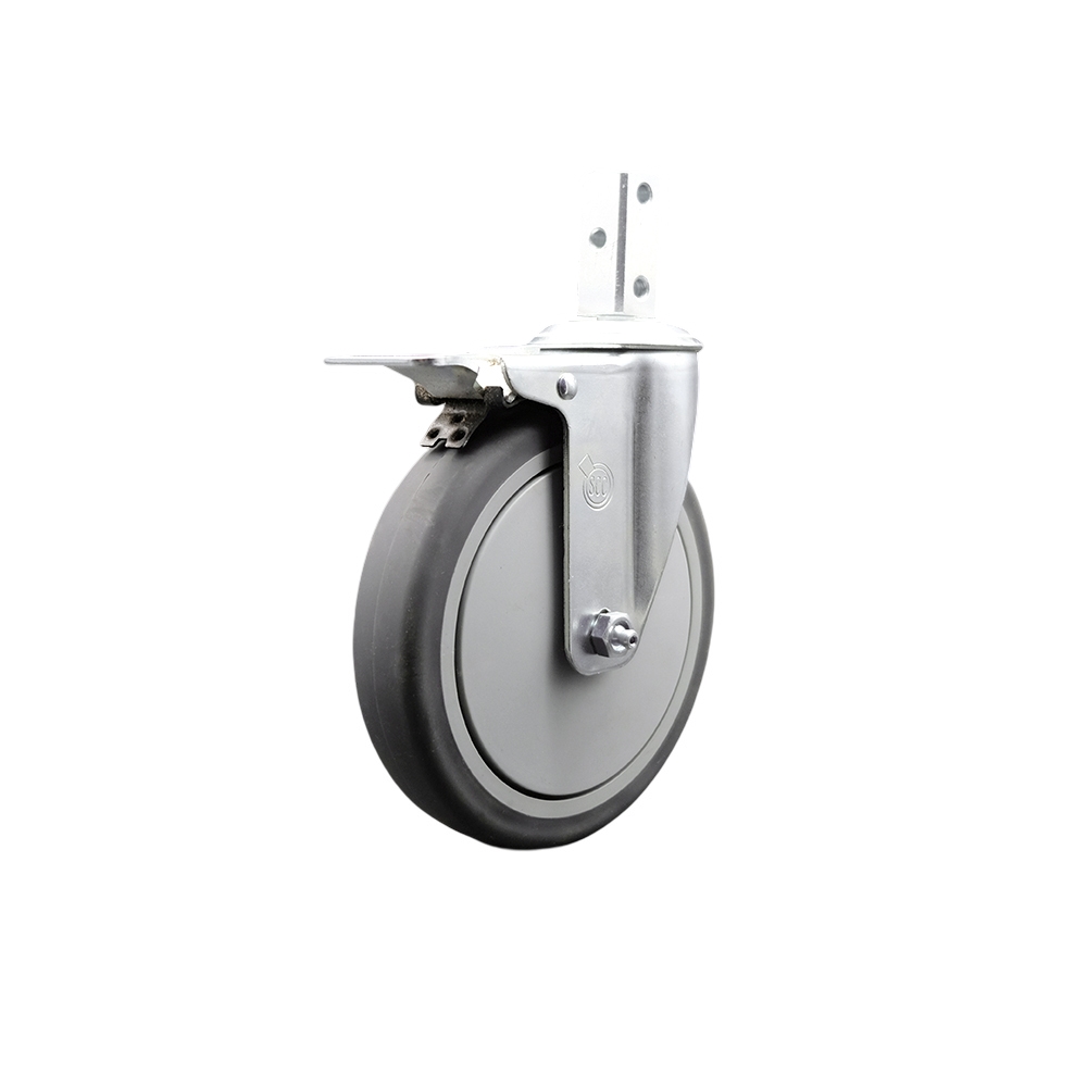 Swivel Square Stem Caster w/6” x 1.25” Gray Thermoplastic Rubber Wheel – 3/4” x 2” Square Stem with (3) 17/64” Diameter Mounting Holes&Total Lock Brakes–300 lbs. Capacity/Caster – Service Caster Brand — photo 1