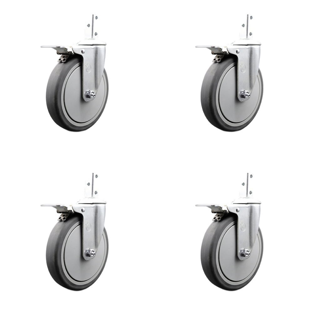 Swivel Square Stem Caster Set 4 w/6” x 1.25” Gray Thermoplastic Rubber Wheel - 7/8” x 2” Square Stem with (3) 17/64” Diameter Mounting Holes - Includes 4 Total Lock Brakes - Service Caster Brand — photo 1