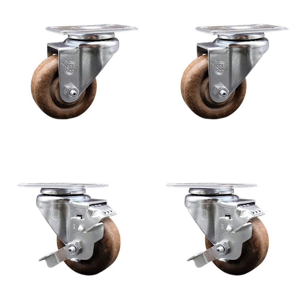 Stainless Steel High Temp Glass Filled Nylon Swivel Top Plate Caster Set of 4 w/3" x 1.25" Brown Wheels-Includes 2 Swivel with Top Locking Brakes& 2 Swivel-1400 lbs Total Capacity-Service Caster Brand — photo 1