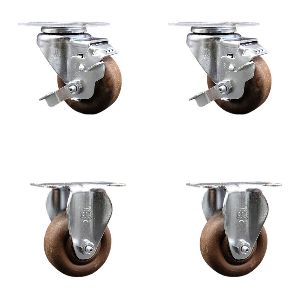 Stainless Steel High Temp Glass Filled Nylon Swivel Top Plate Caster Set of 4 w/3" x 1.25" Brown Wheels-Includes 2 Swivel with Top Locking Brakes & 2 Rigid-1400 lbs Total Capacity-Service Caster Brand — photo 1