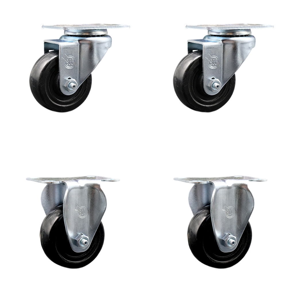 Stainless Steel Hard Rubber Swivel Top Plate Caster Set of 4 w/3" x 1.25" Black Wheels - Includes 2 Swivel & 2 Rigid - 1100 lbs Total Capacity - Service Caster Brand — photo 1
