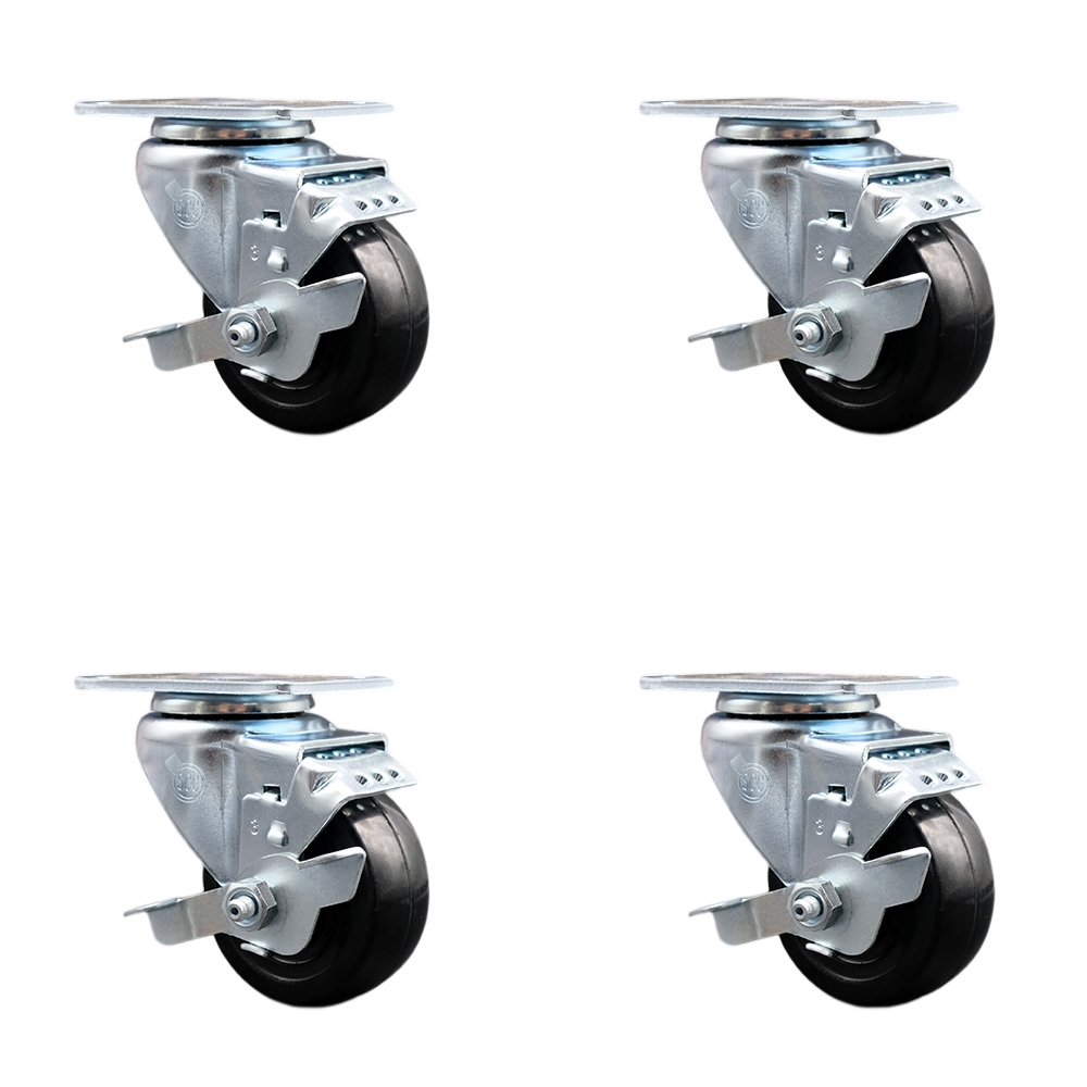 Stainless Steel Hard Rubber Swivel Top Plate Caster Set of 4 w/3" x 1.25" Black Wheels - Includes 4 Swivel with Top Lock Brakes - 1100 lbs Total Capacity - Service Caster Brand — photo 1
