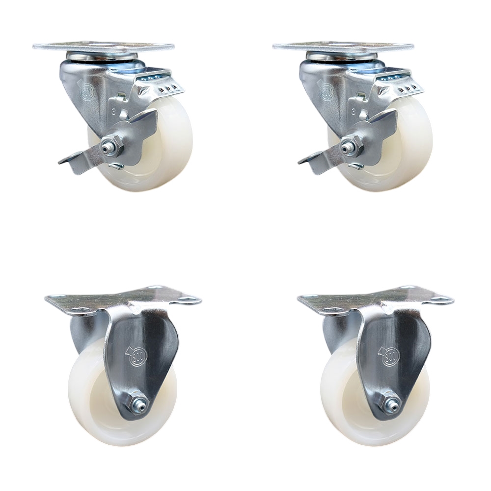 Stainless Steel Nylon Swivel Top Plate Caster Set of 4 w/3" x 1.25" White Wheels - Includes 2 Swivel with Top Locking Brakes & 2 Rigid - 1200 lbs Total Capacity - Service Caster Brand — photo 1