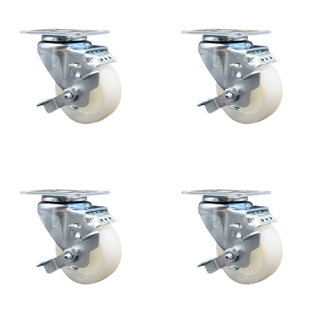 Stainless Steel Nylon Swivel Top Plate Caster Set of 4 w/3" x 1.25" White Wheels - Includes 4 Swivel with Top Lock Brakes - 1200 lbs Total Capacity - Service Caster Brand — photo 1
