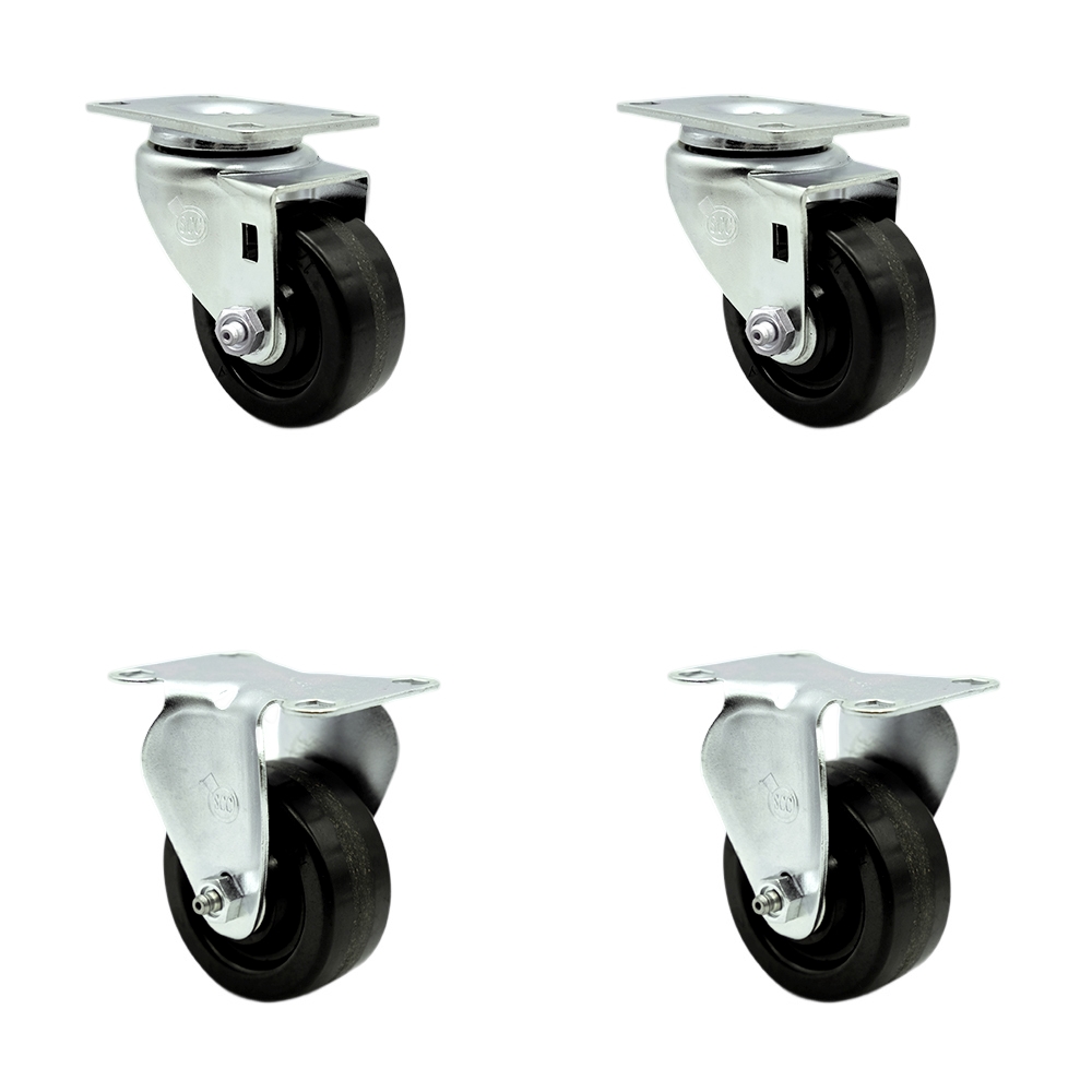 Stainless Steel Phenolic Swivel Top Plate Caster Set of 4 w/3" x 1.25" Black Wheels - Includes 2 Swivel & 2 Rigid - 1200 lbs Total Capacity - Service Caster Brand — photo 1