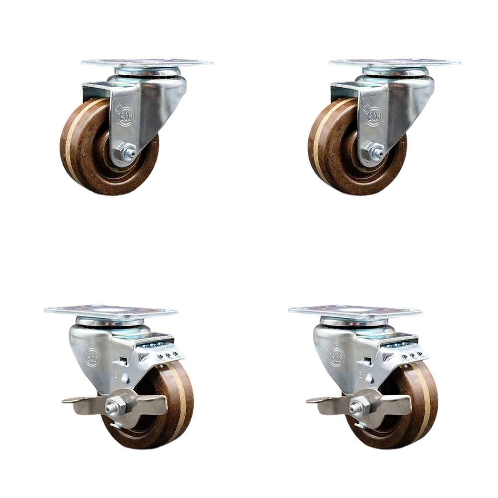 Stainless Steel High Temp Phenolic Swivel Top Plate Caster Set of 4 w/3" x 1.25" Brown Wheels-Includes 2 Swivel with Top Locking Brakes& 2 Swivel-1200 lbs Total Capacity-Service Caster Brand — photo 1