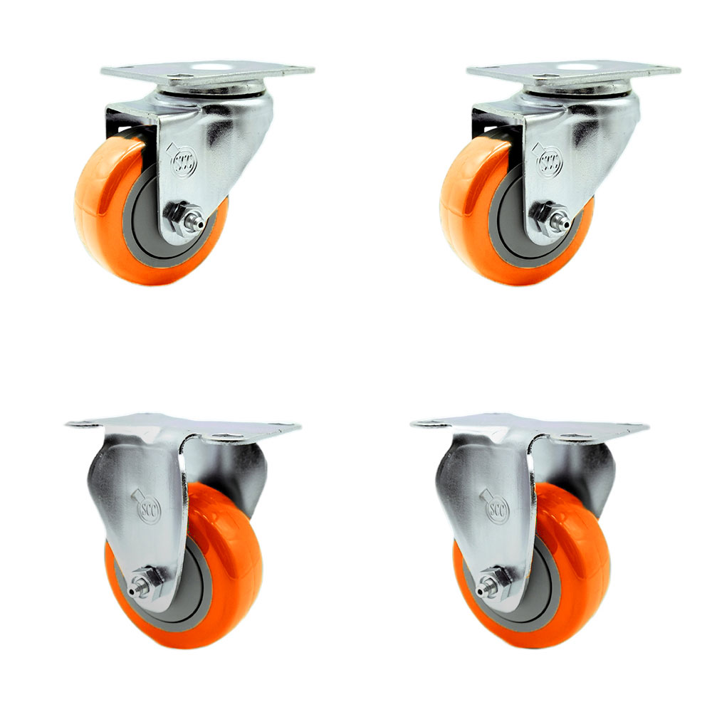 Stainless Steel Polyurethane Swivel Top Plate Caster Set of 4 w/3" x 1.25" Orange Wheels - Includes 2 Swivel & 2 Rigid - 1200 lbs Total Capacity - Service Caster Brand — photo 1