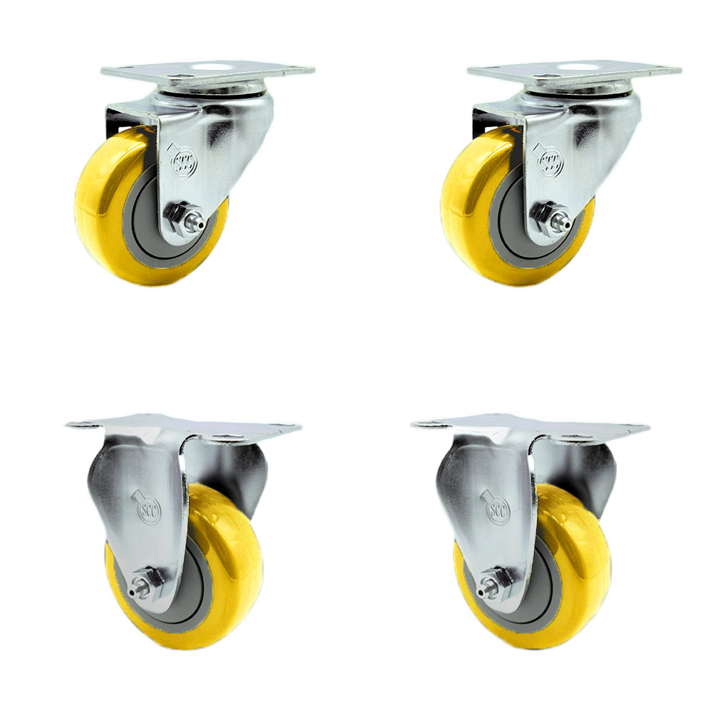 Stainless Steel Polyurethane Swivel Top Plate Caster Set of 4 w/3" x 1.25" Yellow Wheels - Includes 2 Swivel & 2 Rigid - 1200 lbs Total Capacity - Service Caster Brand — photo 1