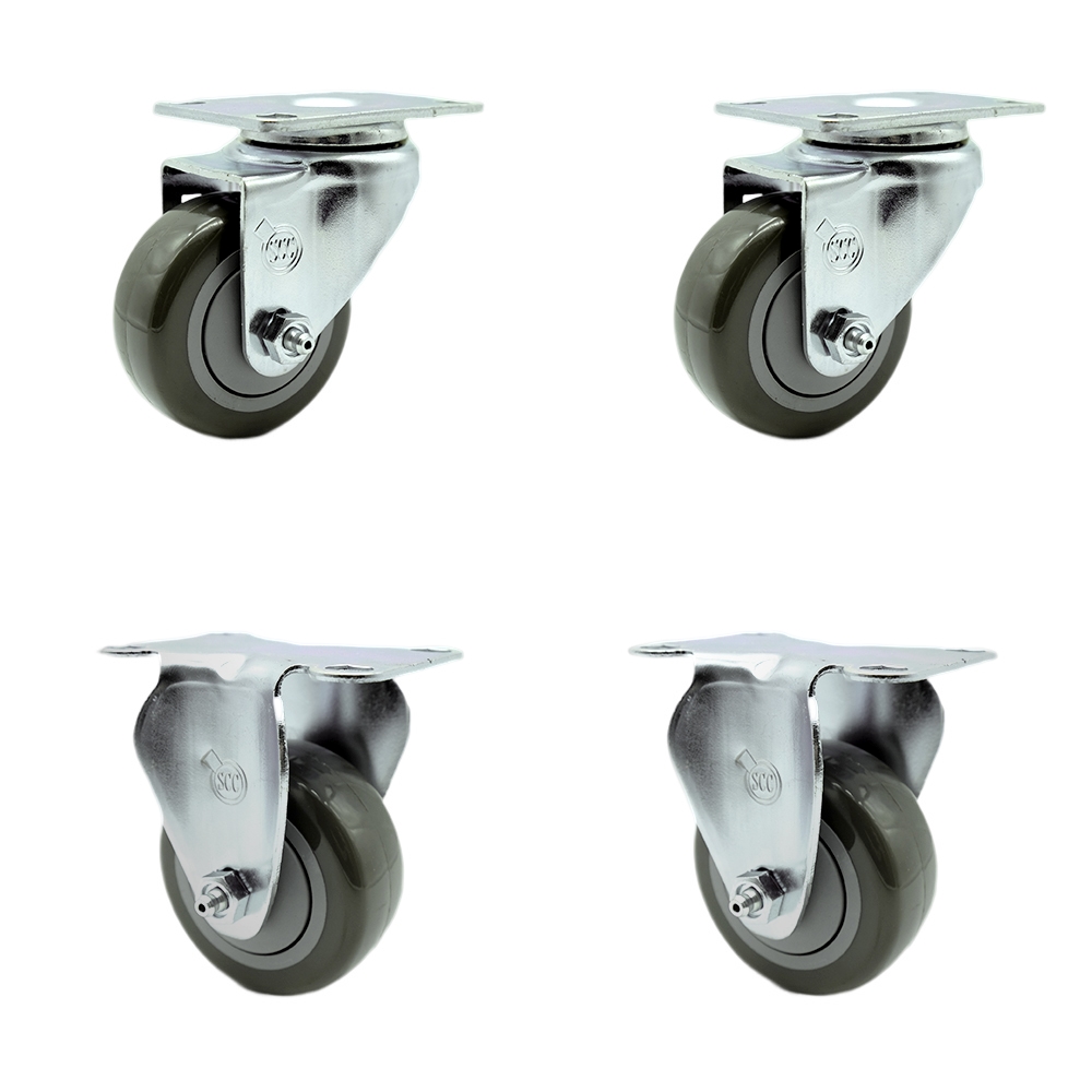 Stainless Steel Polyurethane Swivel Top Plate Caster Set of 4 w/3" x 1.25" Gray Wheels - Includes 2 Swivel & 2 Rigid - 1200 lbs Total Capacity - Service Caster Brand — photo 1