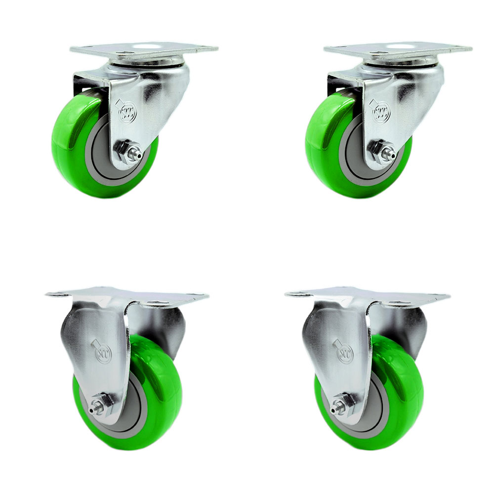 Stainless Steel Polyurethane Swivel Top Plate Caster Set of 4 w/3" x 1.25" Green Wheels - Includes 2 Swivel & 2 Rigid - 1200 lbs Total Capacity - Service Caster Brand — photo 1