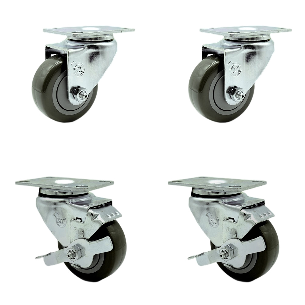 Stainless Steel Polyurethane Swivel Top Plate Caster Set of 4 w/3" x 1.25" Gray Wheels - Includes 2 Swivel with Top Locking Brakes & 2 Swivel - 1200 lbs Total Capacity - Service Caster Brand — photo 1