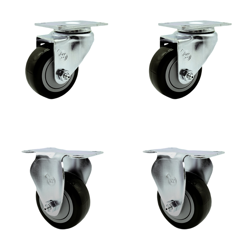 Stainless Steel Polyurethane Swivel Top Plate Caster Set of 4 w/3" x 1.25" Black Wheels - Includes 2 Swivel & 2 Rigid - 1200 lbs Total Capacity - Service Caster Brand — photo 1