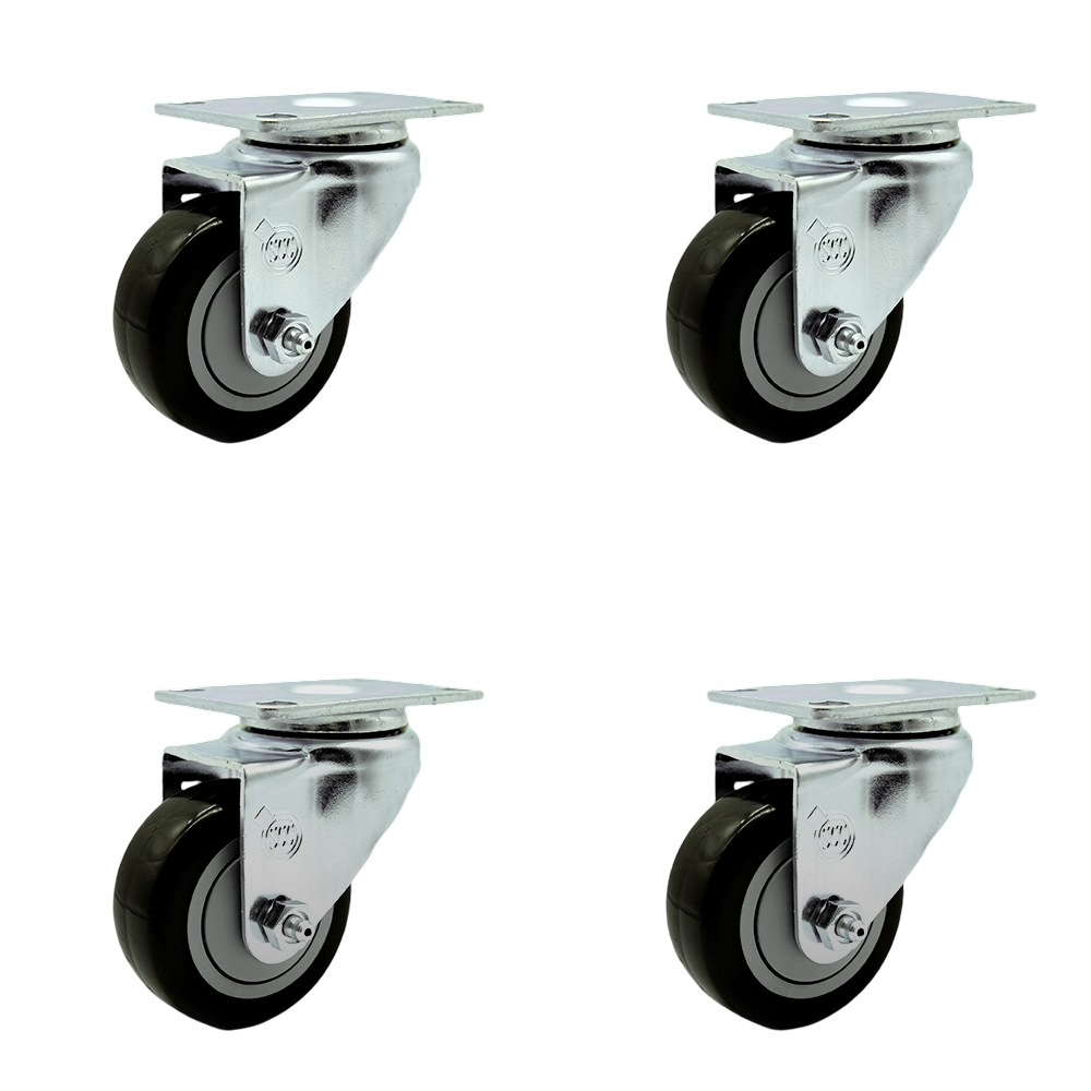 Stainless Steel Polyurethane Swivel Top Plate Caster Set of 4 w/3" x 1.25" Black Wheels - Includes 4 Swivel - 1200 lbs Total Capacity - Service Caster Brand — photo 1