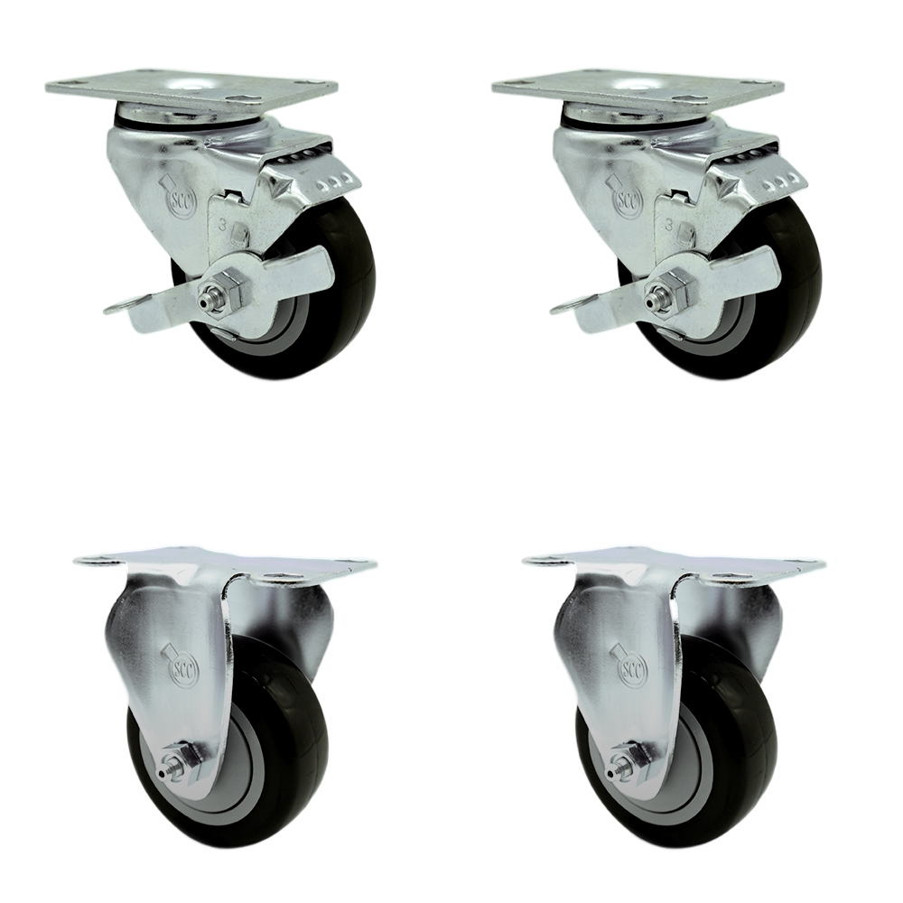 Stainless Steel Polyurethane Swivel Top Plate Caster Set of 4 w/3" x 1.25" Black Wheels - Includes 2 Swivel with Top Locking Brakes & 2 Rigid - 1200 lbs Total Capacity - Service Caster Brand — photo 1