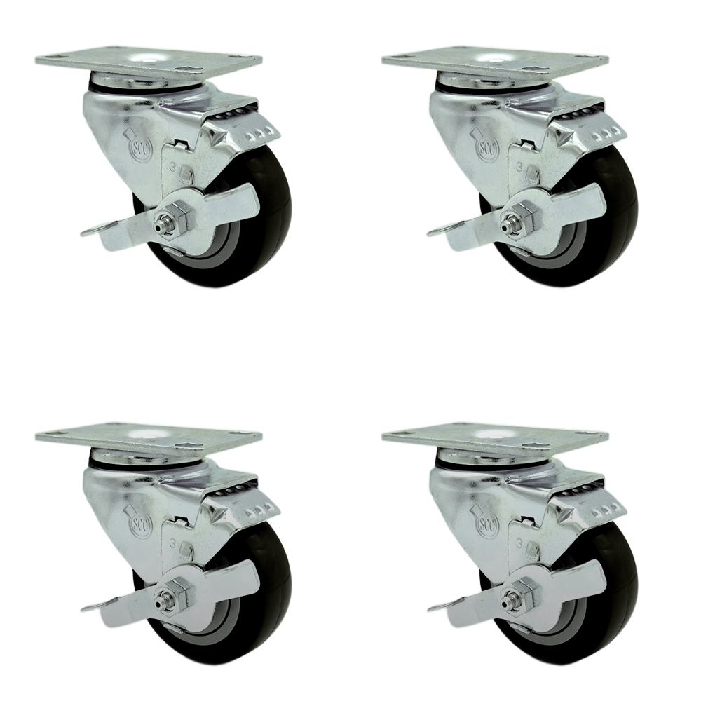 Stainless Steel Polyurethane Swivel Top Plate Caster Set of 4 w/3" x 1.25" Black Wheels - Includes 4 Swivel with Top Lock Brakes - 1200 lbs Total Capacity - Service Caster Brand — photo 1