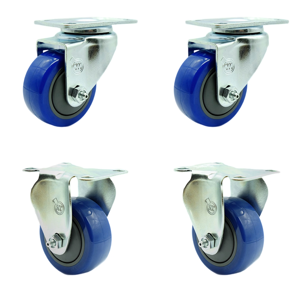 Stainless Steel Polyurethane Swivel Top Plate Caster Set of 4 w/3" x 1.25" Blue Wheels - Includes 2 Swivel & 2 Rigid - 1200 lbs Total Capacity - Service Caster Brand — photo 1