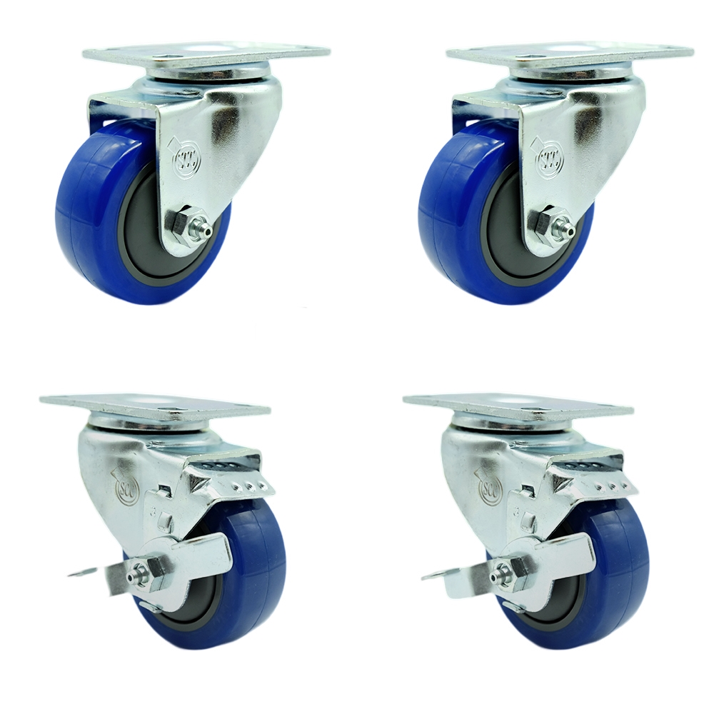 Stainless Steel Polyurethane Swivel Top Plate Caster Set of 4 w/3" x 1.25" Blue Wheels - Includes 2 Swivel with Top Locking Brakes & 2 Swivel - 1200 lbs Total Capacity - Service Caster Brand — photo 1