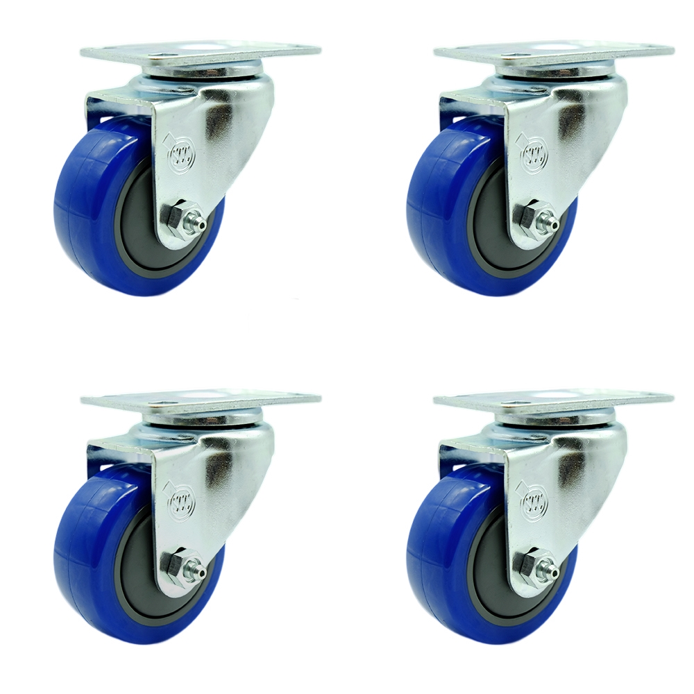 Stainless Steel Polyurethane Swivel Top Plate Caster Set of 4 w/3" x 1.25" Blue Wheels - Includes 4 Swivel - 1200 lbs Total Capacity - Service Caster Brand — photo 1