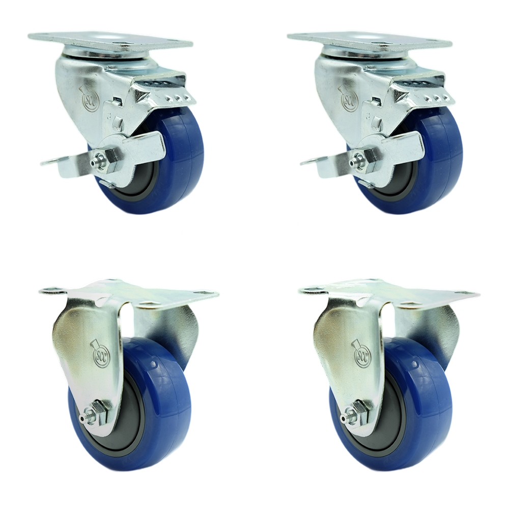 Stainless Steel Polyurethane Swivel Top Plate Caster Set of 4 w/3" x 1.25" Blue Wheels - Includes 2 Swivel with Top Locking Brakes & 2 Rigid - 1200 lbs Total Capacity - Service Caster Brand — photo 1