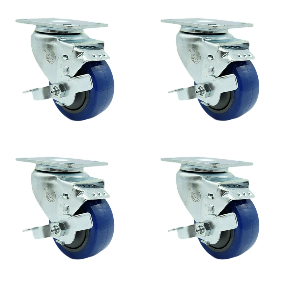 Stainless Steel Polyurethane Swivel Top Plate Caster Set of 4 w/3" x 1.25" Blue Wheels - Includes 4 Swivel with Top Lock Brakes - 1200 lbs Total Capacity - Service Caster Brand — photo 1