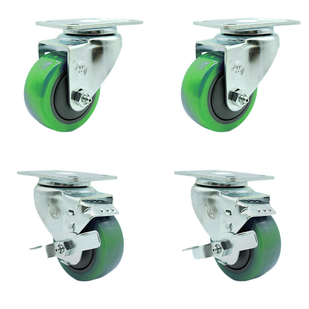 Stainless Steel Polyurethane Swivel Top Plate Caster Set of 4 w/3" x 1.25" Green Wheels - Includes 2 Swivel with Top Locking Brakes & 2 Swivel - 1200 lbs Total Capacity - Service Caster Brand — photo 1