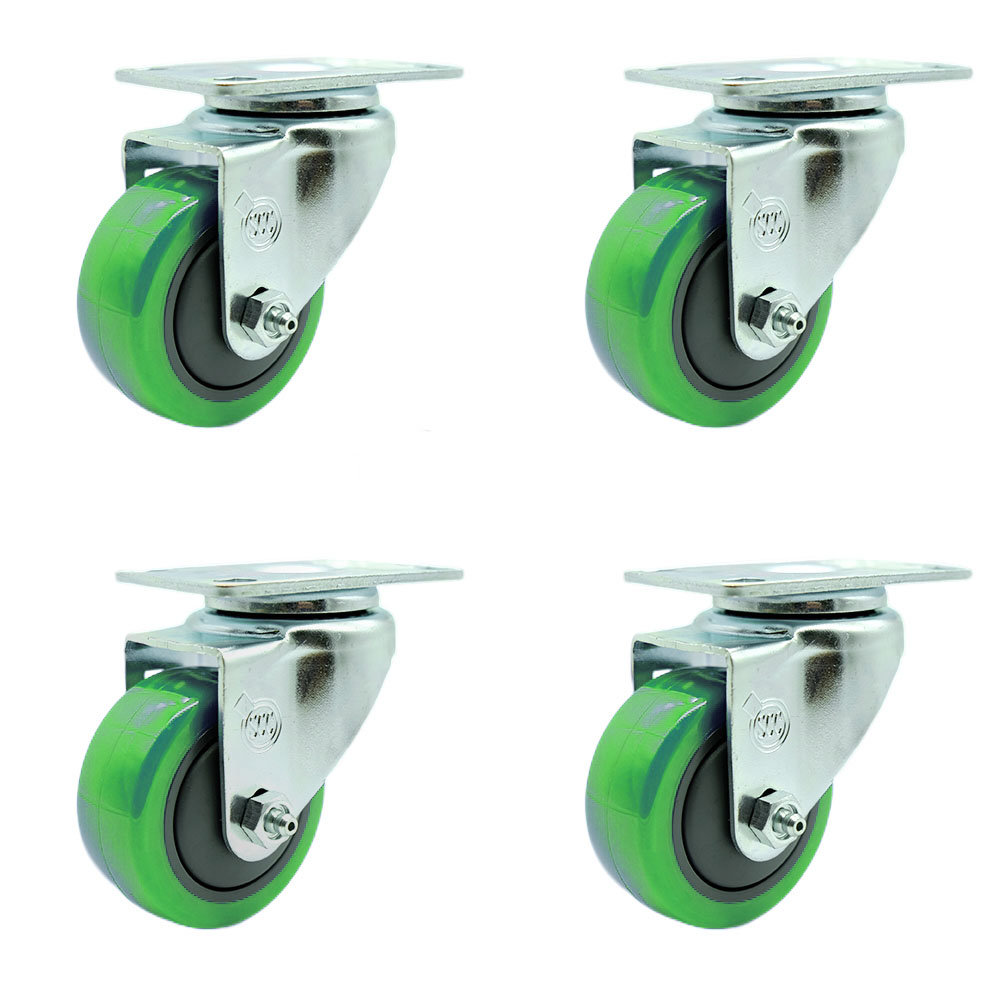 Stainless Steel Polyurethane Swivel Top Plate Caster Set of 4 w/3" x 1.25" Green Wheels - Includes 4 Swivel - 1200 lbs Total Capacity - Service Caster Brand — photo 1