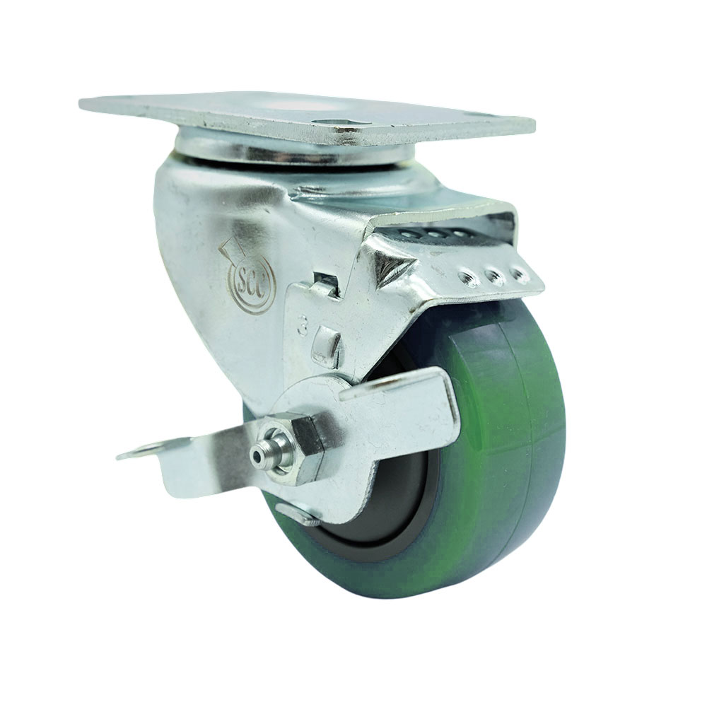 Stainless Steel Polyurethane Swivel Top Plate Swivel Caster w/3" x 1.25" Green Wheel & Top Locking Brake - 300 lbs Capacity/Caster - Service Caster Brand — photo 1