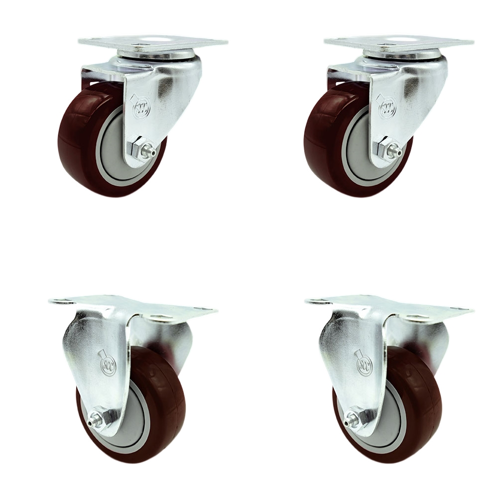 Stainless Steel Polyurethane Swivel Top Plate Caster Set of 4 w/3" x 1.25" Maroon Wheels - Includes 2 Swivel & 2 Rigid - 1200 lbs Total Capacity - Service Caster Brand — photo 1