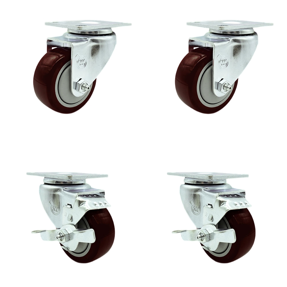 Stainless Steel Polyurethane Swivel Top Plate Caster Set of 4 w/3" x 1.25" Maroon Wheels - Includes 2 Swivel with Top Locking Brakes & 2 Swivel - 1200 lbs Total Capacity - Service Caster Brand — photo 1