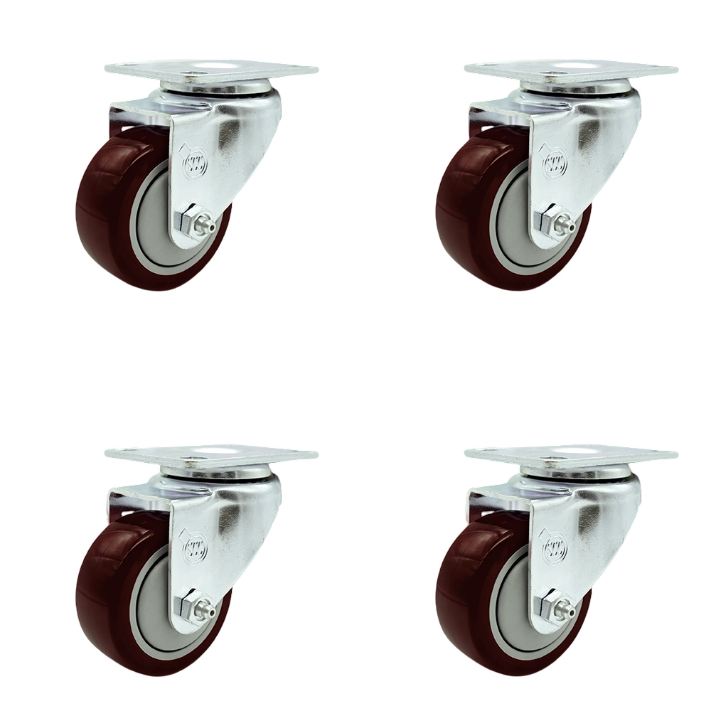 Stainless Steel Polyurethane Swivel Top Plate Caster Set of 4 w/3" x 1.25" Maroon Wheels - Includes 4 Swivel - 1200 lbs Total Capacity - Service Caster Brand — photo 1
