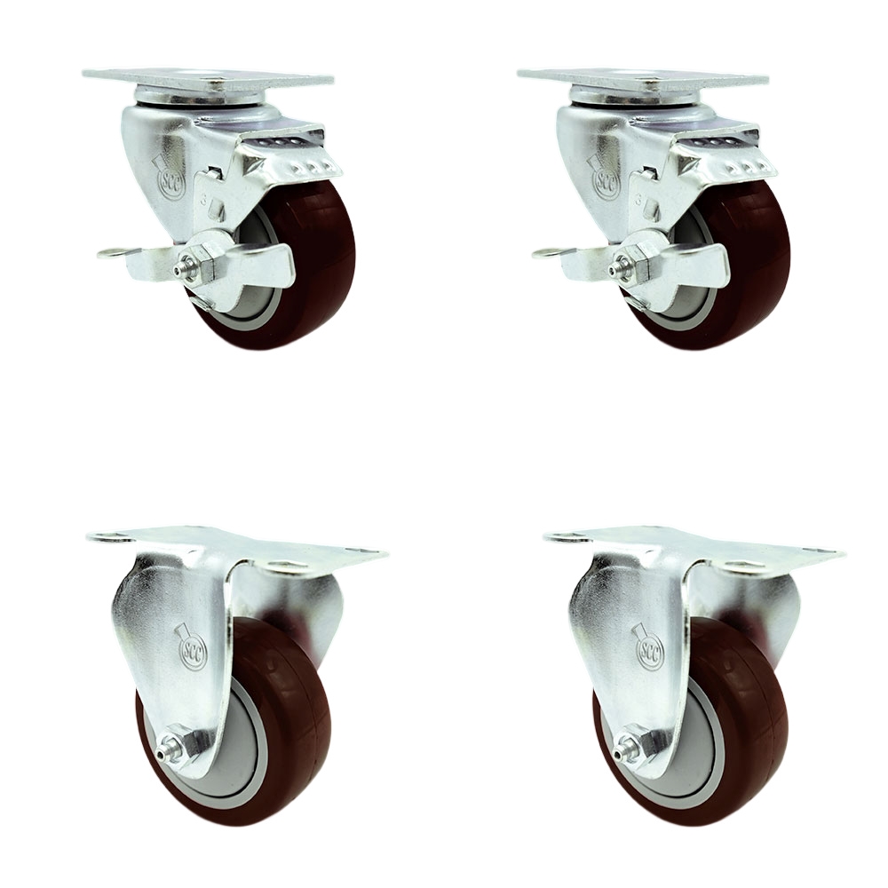 Stainless Steel Polyurethane Swivel Top Plate Caster Set of 4 w/3" x 1.25" Maroon Wheels - Includes 2 Swivel with Top Locking Brakes & 2 Rigid - 1200 lbs Total Capacity - Service Caster Brand — photo 1