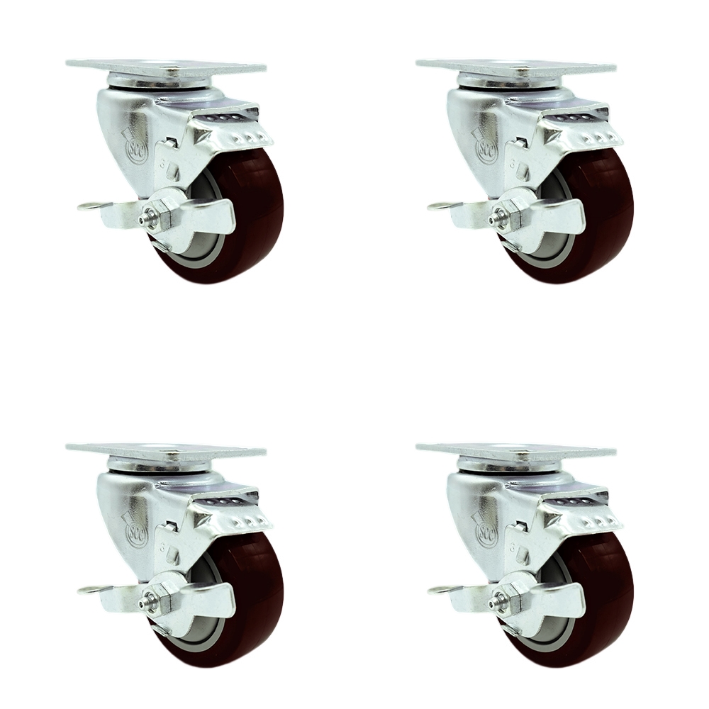 Stainless Steel Polyurethane Swivel Top Plate Caster Set of 4 w/3" x 1.25" Maroon Wheels - Includes 4 Swivel with Top Lock Brakes - 1200 lbs Total Capacity - Service Caster Brand — photo 1
